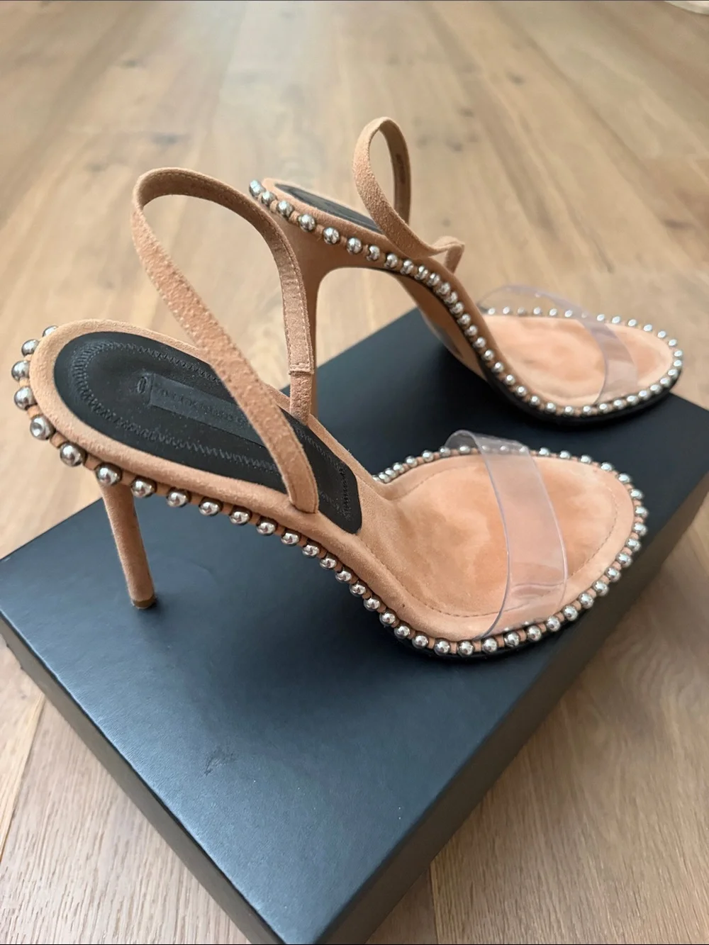 Alexander Wang Tan Suede Slingback Heels with Clear Strap and Stud Trim